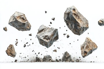 Naklejka premium A dynamic scene of large, rugged rocks breaking apart and flying mid-air.