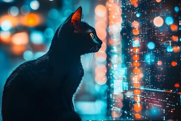 A black cat is looking out of a window at a cityscape