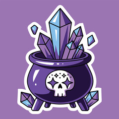 Cauldron with crystals and skull magical illustration