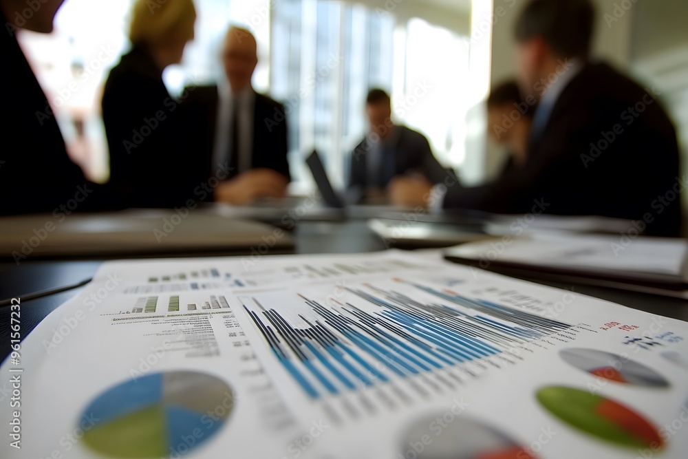 Poster close-up of financial data charts and graphs on a table with blurred business professionals in the b