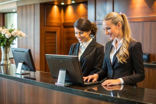 Two smiling receptionists at hotel front desk computer terminals in modern lobby
