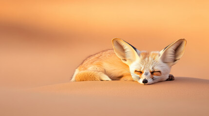 Fototapeta premium Fennec fox sleeping peacefully on a sand dune in the desert, its large ears resting against the warm sand at sunrise.