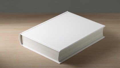 Fototapeta premium Plain white book on a wooden table, ideal for mockup designs, presentations, or as a background element.