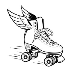 Monochromatic winged roller skate evoking swift movement illustration