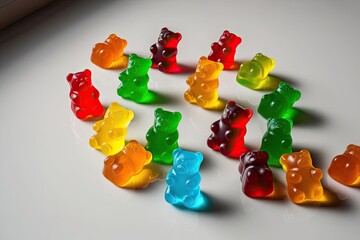 Colorful Gummy Bear Candy Swaying on Smooth White Surface