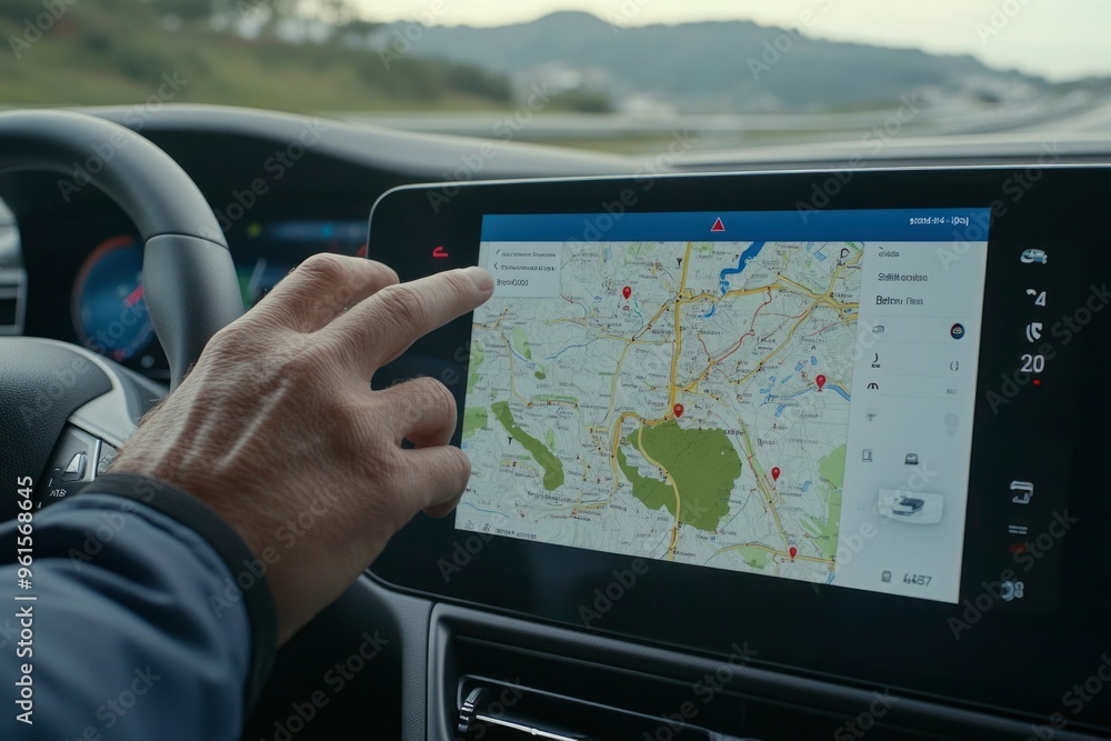 Poster person using a navigation system in a car