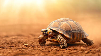Tortoise moving slowly across the desert landscape with detailed texture on its shell, blending into the sandy environment.
