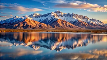 "Majestic peaks of the Wasatch Range soar above the valley floor, their rugged silhouettes reflected in the still waters of Utah's Great Salt Lake"