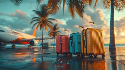 Tropical vacation luggage set against an airplane and sunset, suggesting a dreamy escape.