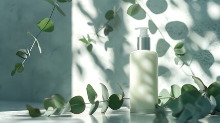 A bottle of eucalyptus facial cream placed on a table with fresh eucalyptus leaves