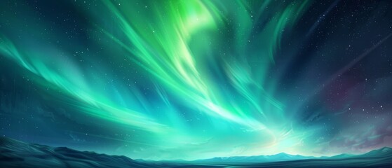  A painting of an aurora borealis with hues of green and blue against the night sky, adorned with stars, and a mountain in the foreground