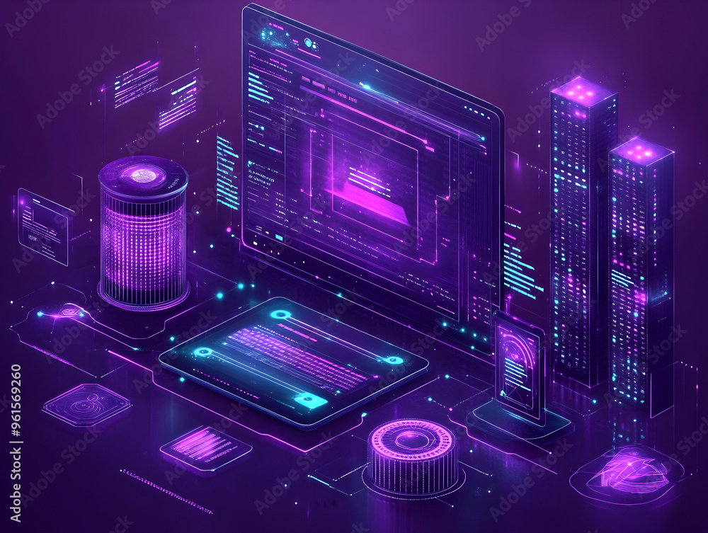 Poster futuristic 3d illustration of data storage and processing with neon glow effect