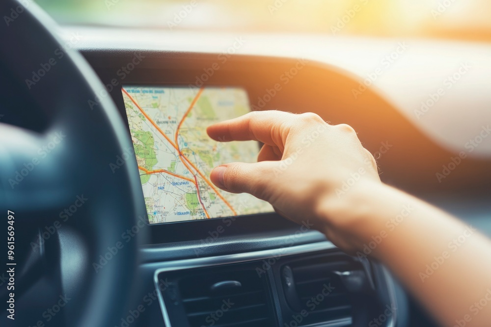 Poster hand interacting with car navigation system displaying map