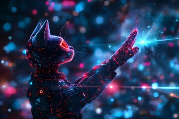A cat is reaching for a glowing object in a colorful, futuristic setting