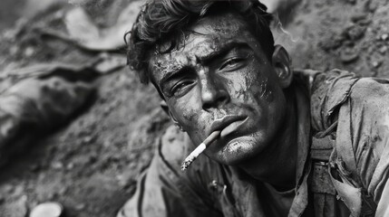 Close-Up of an Exhausted Soldier Sitting After Battle, Covered in Dirt While Smoking a Cigarette, with an Intense and Weary Expression