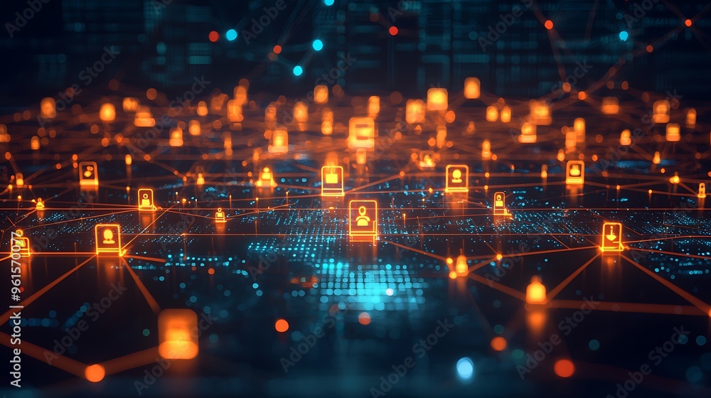 Aufkleber an abstract network connection with glowing orange and blue lights, illustrating data flow and conne