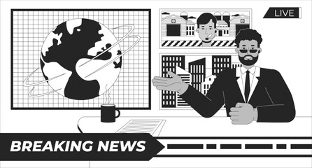 Breaking news anchor black and white line illustration. Male newscaster talking to reporter 2D character monochrome background. Journalist reporting to anchorman. Broadcasting TV outline vector image