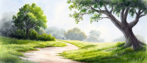 Naklejka premium A painting of a dirt road in a grassy field One side holds a solitary tree, while the other, a dirt path