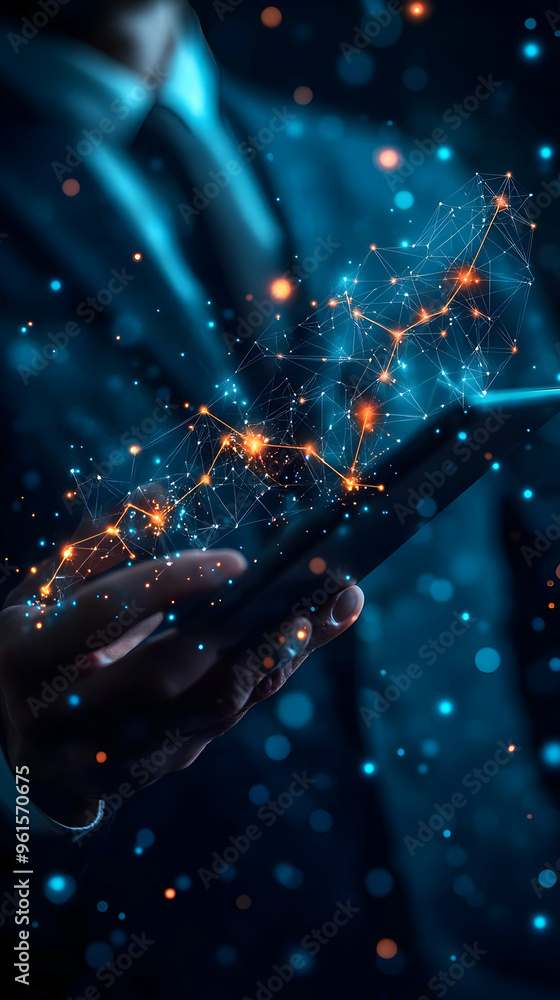 Poster abstract illustration of businessman analyzing financial growth with network connections and data po