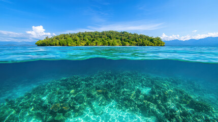 Naklejka premium A split-view of a tropical island with clear turquoise waters revealing coral reefs, lush forests, and a bright blue sky.