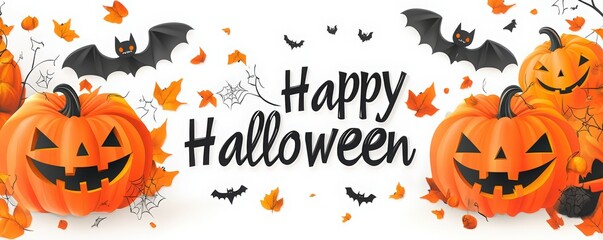 Happy Halloween banner with pumpkins and bats on a white background. cute monster pumpkin character with smiling cartoon eyes