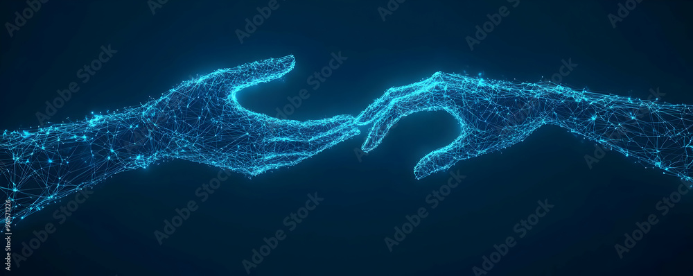 Poster abstract illustration of two hands reaching out, connecting through a network of nodes and lines