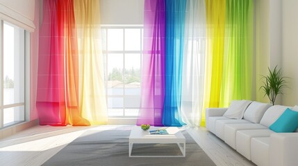 A bright and spacious living room featuring large windows draped with sheer, rainbow-colored curtains. A white sofa and minimalist coffee table complete the vibrant and inviting space.