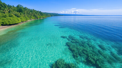 Obraz premium An aerial view shows clear turquoise waters along a tropical coastline bordered by a dense green forest.