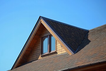 A home with a window at the top and a sloped roof. roof shingle-covered garret home, Generative AI.