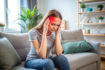 Obraz premium Young woman suffers from migraine headache at home while sitting on comfortable couch holding head