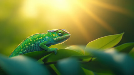 Fototapeta premium A vibrant green chameleon perched on a leaf, illuminated by the soft rays of sunlight during dawn, creating a peaceful and warm atmosphere in the forest.