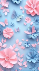 3D embossed paper spring flowers in pastel colors with delicate butterflies on a soft blue background