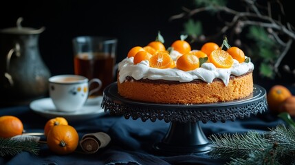 Obraz premium Homemade Citrus Cake with Whipped Cream and Fresh Mandarins