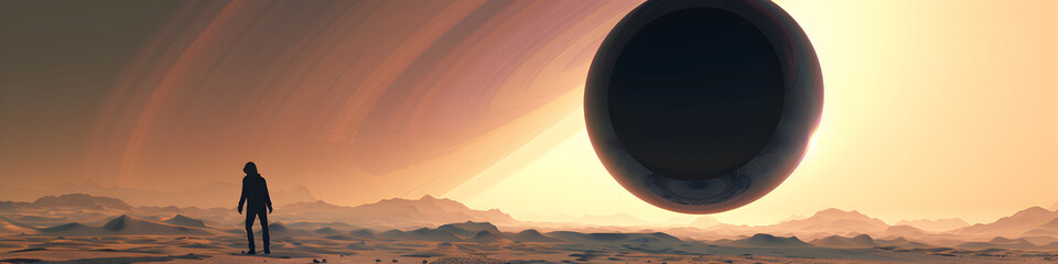 A breathtaking view of a distant planet with a vivid sunrise, showcasing and man stand in background