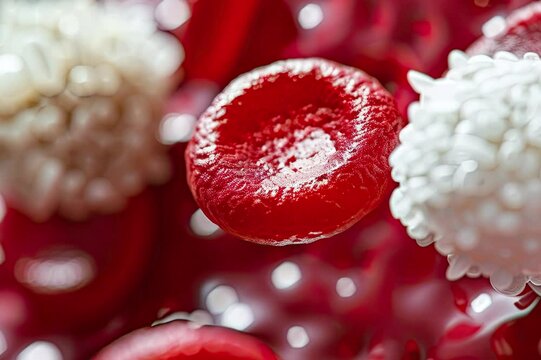 A surreal close-up of red blood cells and white blood cells illuminated by a soft, ethereal light in a pulsating blood vessel