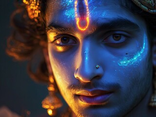 Close-up Portrait of Divine Krishna with Glowing Skin, Detailed and Radiant Features New Beautiful Stock Image Illustration AI