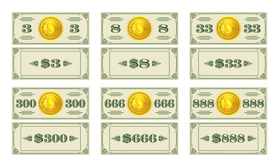 Vector set of banknotes, flyers, coupons or vouchers in denominations of 3, 8, 33, 300, 666 and 888 dollars, with a gold coin in the center. Obverse and reverse of play money.