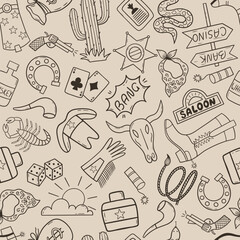 Wild West seamless pattern with cactus, cowboy hat, cow skull, game cards, scorpio and etc.