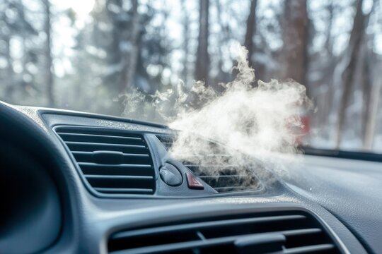 Steam Emitting From Car Air Vent in Snowy Forest