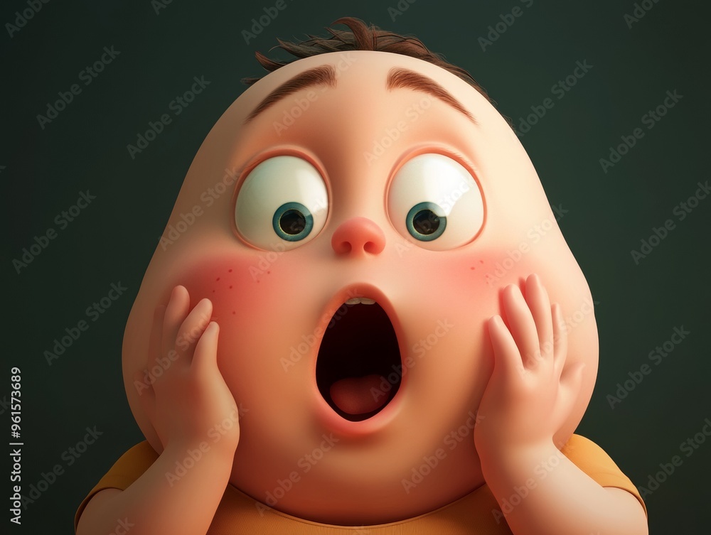 Poster 3d avatar with chubby face. surprised expression and hands on cheeks
