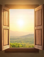 A serene view through an open wooden window, showcasing a beautiful landscape illuminated by the golden sunlight.