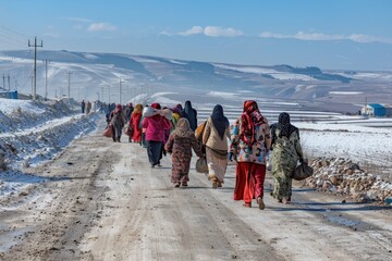 Group of People Walking on Snowy Rural Road in Winter