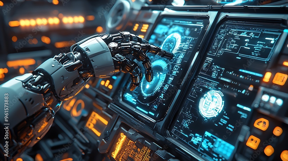 Poster a futuristic robot hand interacts with a digital interface, symbolizing advanced technology and inno
