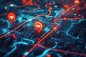 A futuristic city map viewed from above, with glowing red location pins marking