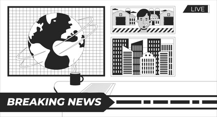 Naklejka premium Headlines breaking news studio black and white line illustration. Newsroom. Live reportage reporter. Television broadcasting program 2D interior monochrome backdrop. TV production outline vector
