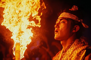 Striking Close-Up of a Man Holding a Flaming Torch During the Kurama Fire Festival with Fiery Glow and Traditional Attire