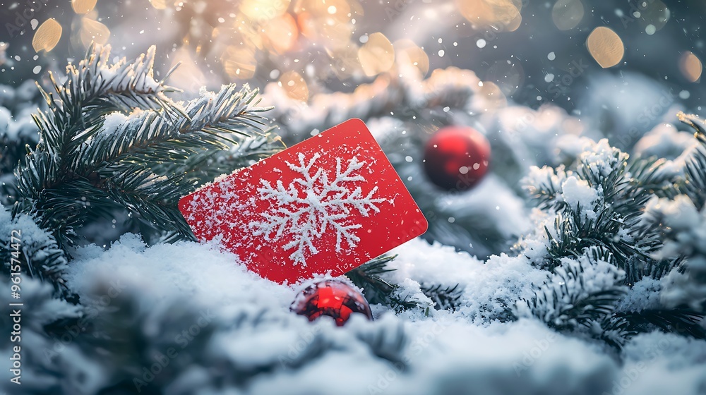 Poster a christmas gift card with a snowflake design nestled in a snow-covered pine tree, creating a festiv