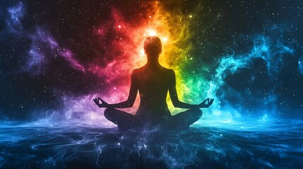 Fototapeta premium A silhouette of a person meditating in cosmic space, surrounded by a colorful nebula, blending serenity with the universe.