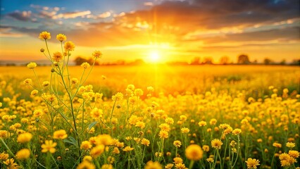 Fototapeta premium A serene field of yellow flowers under the setting sun