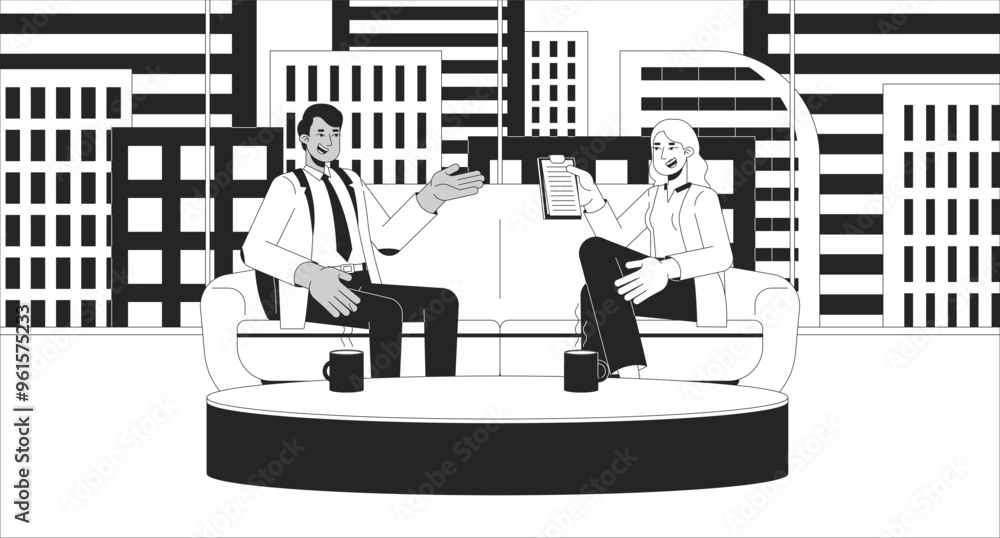 Aufkleber interview show on tv black and white line illustration. interviewer asking questions interviewee 2d 
